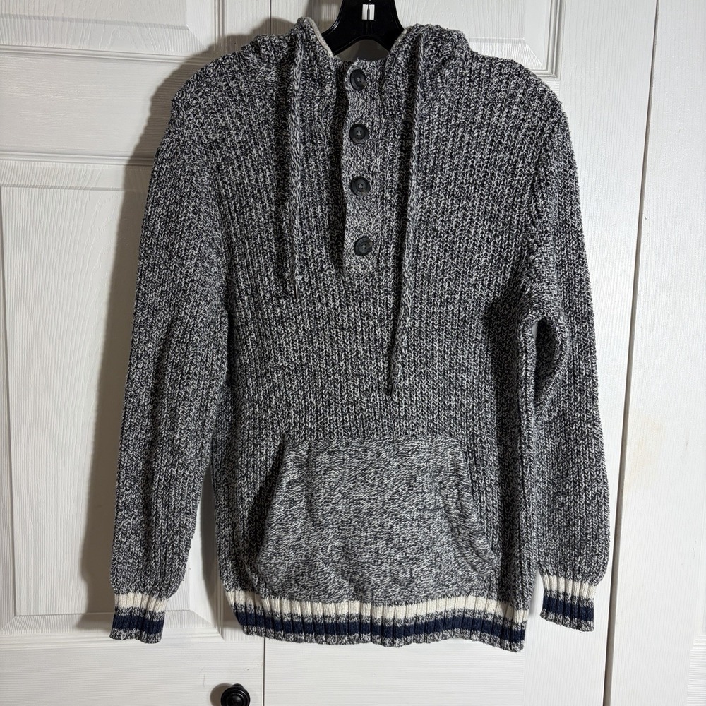 American Eagle Sweater Men M‎ Gray Cream Marled Chunky Knit Kangaroo Pocket Hood